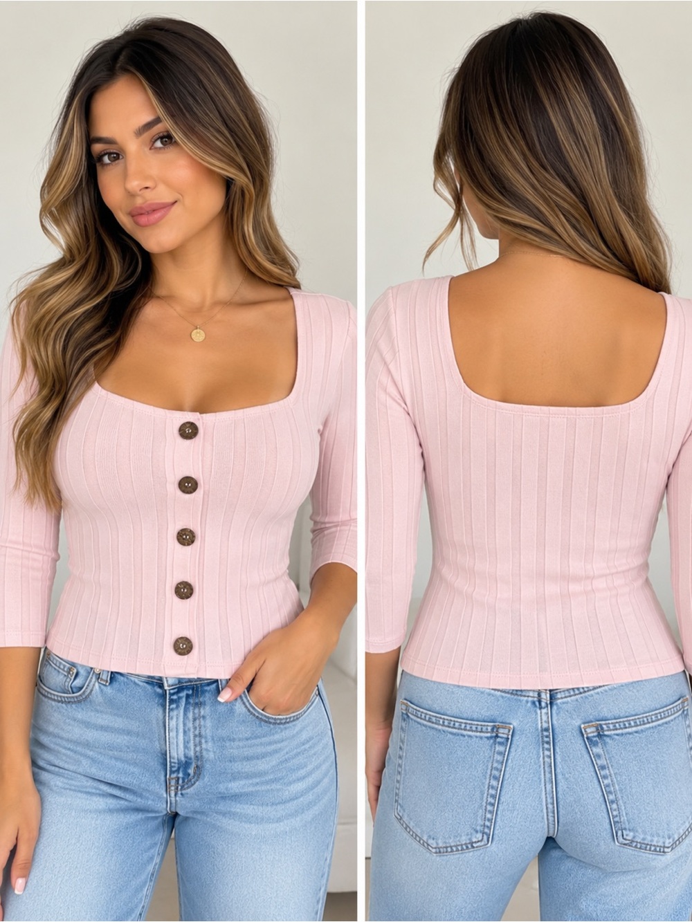 Free People Ribbed Square-Neck Button Front Top - Light Pink